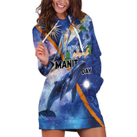 Marshall Islands Manit Day Hoodie Dress Grunge National Flag with Whales and Tribal Tattoos LT03 Blue - Polynesian Pride