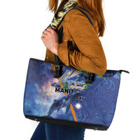 Marshall Islands Manit Day Leather Tote Bag Grunge National Flag with Whales and Tribal Tattoos LT03 Blue - Polynesian Pride
