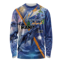 Marshall Islands Manit Day Long Sleeve Shirt Grunge National Flag with Whales and Tribal Tattoos LT03 Unisex Blue - Polynesian Pride