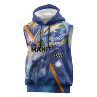 Marshall Islands Manit Day Sleeveless Hoodie Grunge National Flag with Whales and Tribal Tattoos LT03 Blue - Polynesian Pride