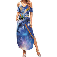 Marshall Islands Manit Day Summer Maxi Dress Grunge National Flag with Whales and Tribal Tattoos LT03 Women Blue - Polynesian Pride