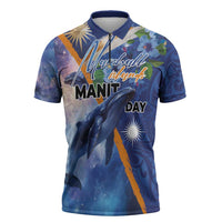 Marshall Islands Manit Day Zipper Polo Shirt Grunge National Flag with Whales and Tribal Tattoos LT03 Blue - Polynesian Pride