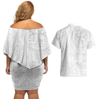 Samoan Culture-Lotu Tamaiti Couples Matching Off Shoulder Short Dress and Hawaiian Shirt Siapo and Polynesian Art Tattoos LT03 - Polynesian Pride
