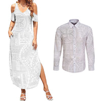 Samoan Culture-Lotu Tamaiti Couples Matching Summer Maxi Dress and Long Sleeve Button Shirt Siapo and Polynesian Art Tattoos LT03 White - Polynesian Pride
