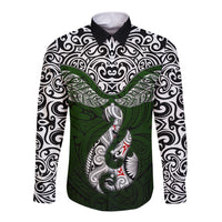 Custom Aotearoa New Zealand Long Sleeve Button Shirt Silver Fern and Matau with Maori Tribal Green Style LT03 Unisex Green - Polynesian Pride