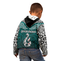 Custom Aotearoa New Zealand Kid Hoodie Silver Fern and Matau with Maori Tribal Turquoise Style LT03 - Polynesian Pride