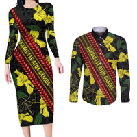 Samoan Culture Couples Matching Long Sleeve Bodycon Dress and Long Sleeve Button Shirt Hibiscus and Ula Fala with Tapa Pattern Black Color LT03 Black - Polynesian Pride