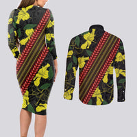 Samoan Culture Couples Matching Long Sleeve Bodycon Dress and Long Sleeve Button Shirt Hibiscus and Ula Fala with Tapa Pattern Black Color LT03 - Polynesian Pride