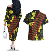 Samoan Culture Couples Matching Off The Shoulder Long Sleeve Dress and Hawaiian Shirt Hibiscus and Ula Fala with Tapa Pattern Black Color LT03 - Polynesian Pride