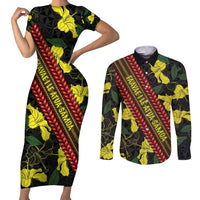Samoan Culture Couples Matching Short Sleeve Bodycon Dress and Long Sleeve Button Shirt Hibiscus and Ula Fala with Tapa Pattern Black Color LT03 Black - Polynesian Pride
