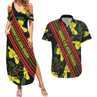 Samoan Culture Couples Matching Summer Maxi Dress and Hawaiian Shirt Hibiscus and Ula Fala with Tapa Pattern Black Color LT03 Black - Polynesian Pride