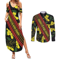 Samoan Culture Couples Matching Summer Maxi Dress and Long Sleeve Button Shirt Hibiscus and Ula Fala with Tapa Pattern Black Color LT03 Black - Polynesian Pride