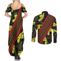 Samoan Culture Couples Matching Summer Maxi Dress and Long Sleeve Button Shirt Hibiscus and Ula Fala with Tapa Pattern Black Color LT03 - Polynesian Pride
