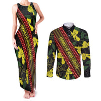 Samoan Culture Couples Matching Tank Maxi Dress and Long Sleeve Button Shirt Hibiscus and Ula Fala with Tapa Pattern Black Color LT03 Black - Polynesian Pride