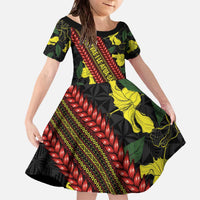 Samoan Culture Family Matching Off The Shoulder Long Sleeve Dress and Hawaiian Shirt Hibiscus and Ula Fala with Tapa Pattern Black Color LT03 Daughter's Dress Black - Polynesian Pride