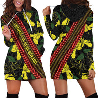 Samoan Culture Hoodie Dress Hibiscus and Ula Fala with Tapa Pattern Black Color LT03 - Polynesian Pride