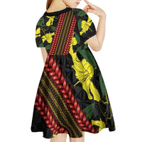 Samoan Culture Kid Short Sleeve Dress Hibiscus and Ula Fala with Tapa Pattern Black Color LT03 - Polynesian Pride