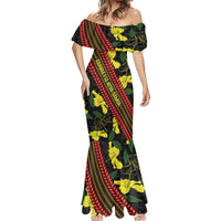 Samoan Culture Mermaid Dress Hibiscus and Ula Fala with Tapa Pattern Black Color LT03 - Polynesian Pride