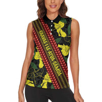 Samoan Culture Women Sleeveless Polo Shirt Hibiscus and Ula Fala with Tapa Pattern Black Color LT03 - Polynesian Pride