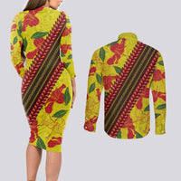Samoan Culture Couples Matching Long Sleeve Bodycon Dress and Long Sleeve Button Shirt Hibiscus and Ula Fala with Tapa Pattern YellowColor LT03 - Polynesian Pride