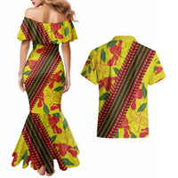 Samoan Culture Couples Matching Mermaid Dress and Hawaiian Shirt Hibiscus and Ula Fala with Tapa Pattern YellowColor LT03 - Polynesian Pride