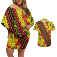 Samoan Culture Couples Matching Off Shoulder Short Dress and Hawaiian Shirt Hibiscus and Ula Fala with Tapa Pattern YellowColor LT03 Yellow - Polynesian Pride