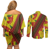 Samoan Culture Couples Matching Off Shoulder Short Dress and Long Sleeve Button Shirt Hibiscus and Ula Fala with Tapa Pattern YellowColor LT03 - Polynesian Pride