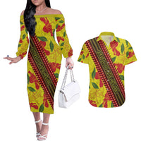 Samoan Culture Couples Matching Off The Shoulder Long Sleeve Dress and Hawaiian Shirt Hibiscus and Ula Fala with Tapa Pattern YellowColor LT03 Yellow - Polynesian Pride