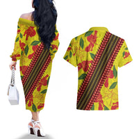 Samoan Culture Couples Matching Off The Shoulder Long Sleeve Dress and Hawaiian Shirt Hibiscus and Ula Fala with Tapa Pattern YellowColor LT03 - Polynesian Pride
