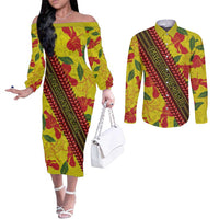 Samoan Culture Couples Matching Off The Shoulder Long Sleeve Dress and Long Sleeve Button Shirt Hibiscus and Ula Fala with Tapa Pattern YellowColor LT03 Yellow - Polynesian Pride
