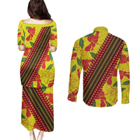 Samoan Culture Couples Matching Puletasi and Long Sleeve Button Shirt Hibiscus and Ula Fala with Tapa Pattern YellowColor LT03 - Polynesian Pride