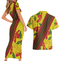 Samoan Culture Couples Matching Short Sleeve Bodycon Dress and Hawaiian Shirt Hibiscus and Ula Fala with Tapa Pattern YellowColor LT03 - Polynesian Pride