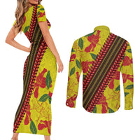 Samoan Culture Couples Matching Short Sleeve Bodycon Dress and Long Sleeve Button Shirt Hibiscus and Ula Fala with Tapa Pattern YellowColor LT03 - Polynesian Pride