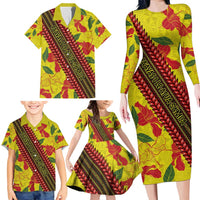 Samoan Culture Family Matching Long Sleeve Bodycon Dress and Hawaiian Shirt Hibiscus and Ula Fala with Tapa Pattern YellowColor LT03 - Polynesian Pride