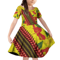 Samoan Culture Family Matching Off Shoulder Short Dress and Hawaiian Shirt Hibiscus and Ula Fala with Tapa Pattern YellowColor LT03 Daughter's Dress Yellow - Polynesian Pride