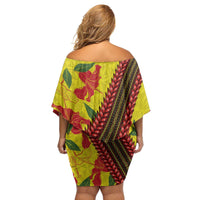 Samoan Culture Family Matching Off Shoulder Short Dress and Hawaiian Shirt Hibiscus and Ula Fala with Tapa Pattern YellowColor LT03 - Polynesian Pride