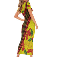 Samoan Culture Family Matching Short Sleeve Bodycon Dress and Hawaiian Shirt Hibiscus and Ula Fala with Tapa Pattern YellowColor LT03 - Polynesian Pride