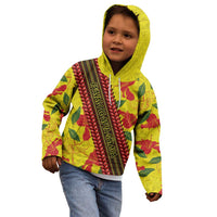 Samoan Culture Kid Hoodie Hibiscus and Ula Fala with Tapa Pattern YellowColor LT03 - Polynesian Pride