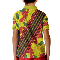 Samoan Culture Kid Polo Shirt Hibiscus and Ula Fala with Tapa Pattern YellowColor LT03 - Polynesian Pride
