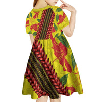 Samoan Culture Kid Short Sleeve Dress Hibiscus and Ula Fala with Tapa Pattern YellowColor LT03 - Polynesian Pride