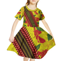Samoan Culture Kid Short Sleeve Dress Hibiscus and Ula Fala with Tapa Pattern YellowColor LT03 - Polynesian Pride