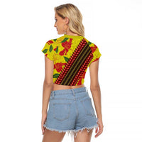 Samoan Culture Raglan Cropped T Shirt Hibiscus and Ula Fala with Tapa Pattern YellowColor LT03 - Polynesian Pride