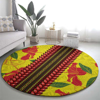 Samoan Culture Round Carpet Hibiscus and Ula Fala with Tapa Pattern Yellow Color