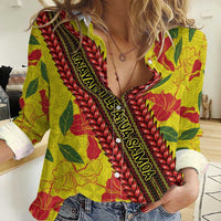 Samoan Culture Women Casual Shirt Hibiscus and Ula Fala with Tapa Pattern YellowColor LT03 Female Yellow - Polynesian Pride