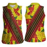 Samoan Culture Women Sleeveless Polo Shirt Hibiscus and Ula Fala with Tapa Pattern YellowColor LT03 - Polynesian Pride