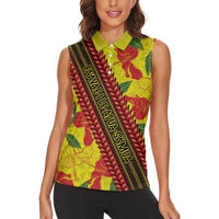 Samoan Culture Women Sleeveless Polo Shirt Hibiscus and Ula Fala with Tapa Pattern YellowColor LT03 - Polynesian Pride