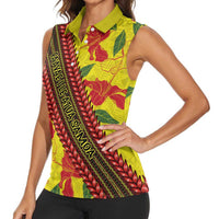 Samoan Culture Women Sleeveless Polo Shirt Hibiscus and Ula Fala with Tapa Pattern YellowColor LT03 - Polynesian Pride