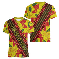 Samoan Culture Women V-Neck T-Shirt Hibiscus and Ula Fala with Tapa Pattern YellowColor LT03 - Polynesian Pride