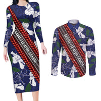 Samoan Culture Couples Matching Long Sleeve Bodycon Dress and Long Sleeve Button Shirt Hibiscus and Ula Fala with Tapa Pattern Blue Color LT03 Blue - Polynesian Pride