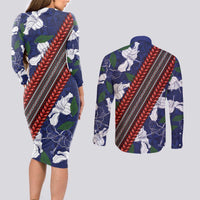 Samoan Culture Couples Matching Long Sleeve Bodycon Dress and Long Sleeve Button Shirt Hibiscus and Ula Fala with Tapa Pattern Blue Color LT03 - Polynesian Pride